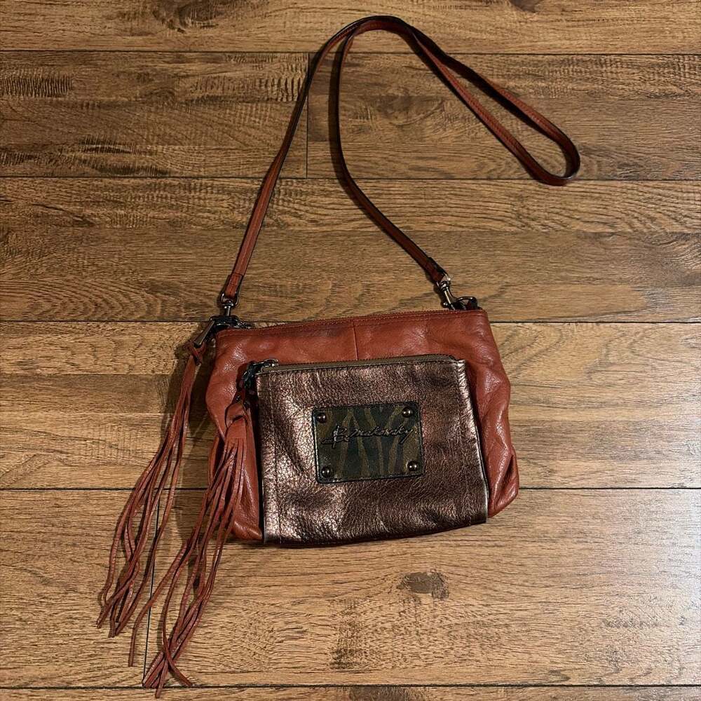 B. Makowsky Brown and Metallic Bronze Leather Crossbody Bag with Fringe